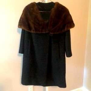 Ladies stroller length black wool coat with mink collar - large
